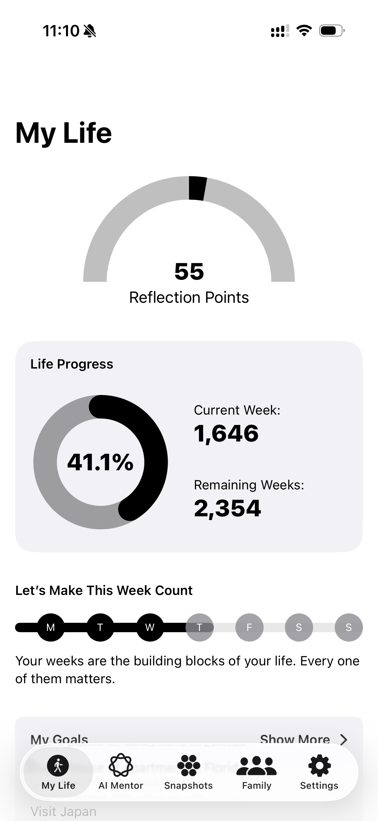 Week Matter app showing life progress dashboard with reflection points and weekly tracker